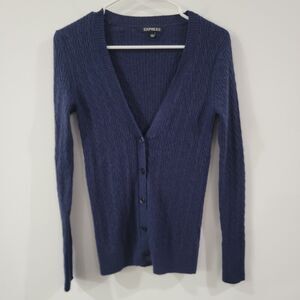 Y2K Express Womens Cashmere Cardigan Size Large Cable Knit Fitted Sweater Blue